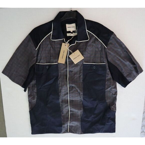 Nicholas Daley SS22 Men's Sz Small Navy Check V-Neck Cotton Bowling Shirt $465 - Picture 8 of 10